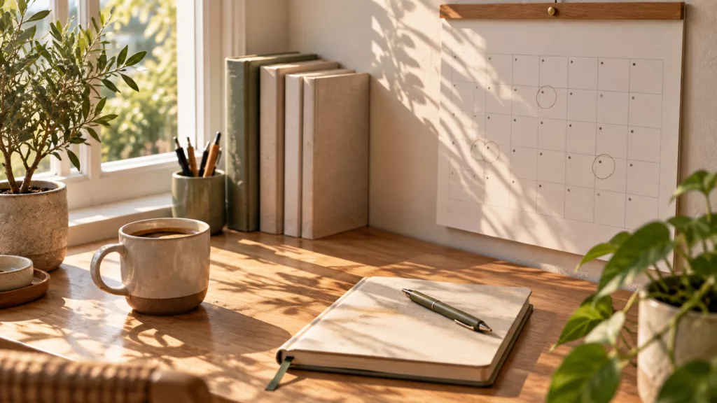 Sunlit desk with coffee and a wall calendar with circled days, showing freedom days earned by your daily cost of living