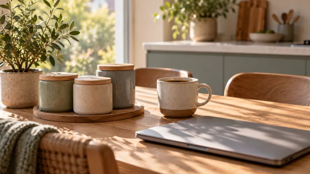 Three ceramic jars on a wooden kitchen table beside a coffee mug, a simple way to organize bank accounts