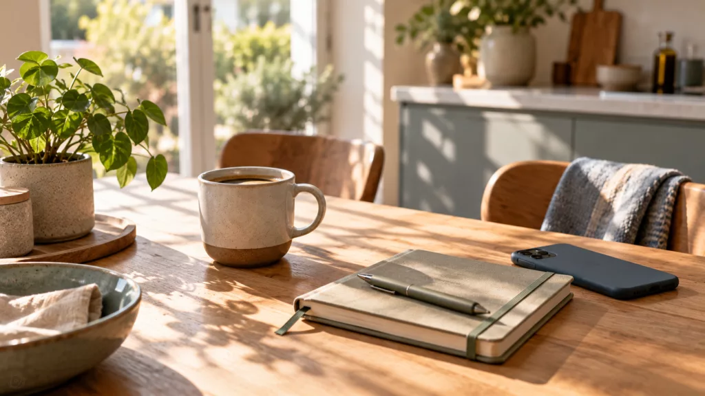 Money management system setup: sunlit kitchen table with a coffee mug, closed notebook and phone face down