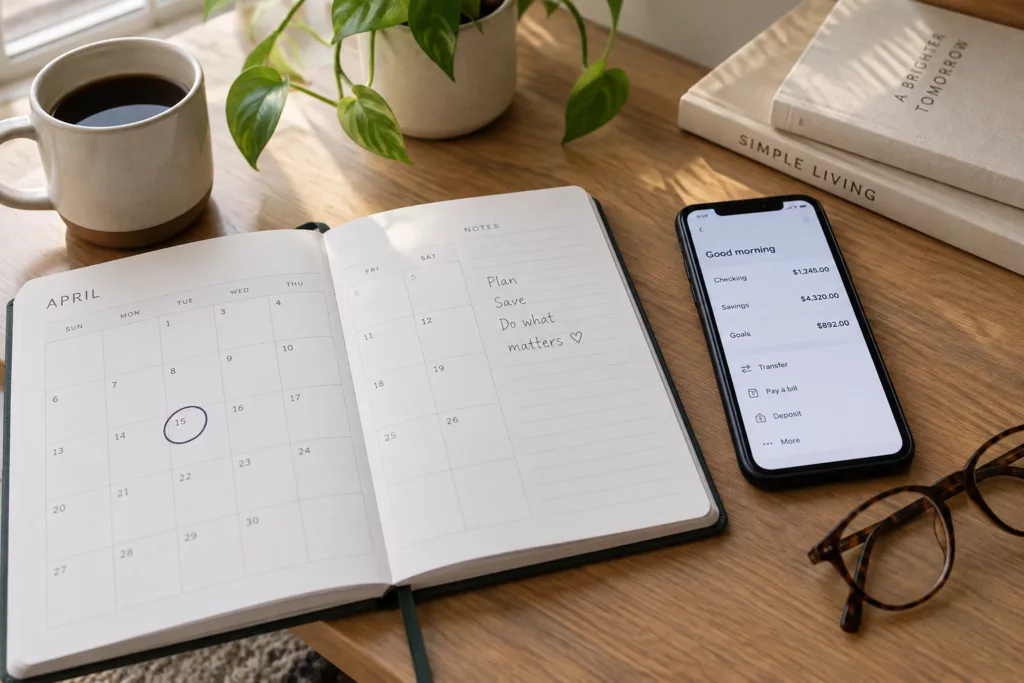 The monthly financial reset with an open planner with a date circled, next to a phone showing a simple banking app, on a calm desk with coffee and a plant
